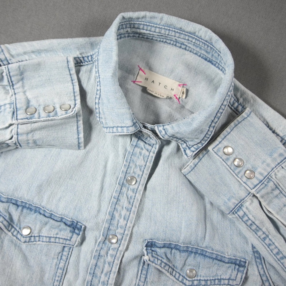 Hatch Pearl Snap Western Cowgirl Ranch Organic Womens Shirt S Light Wash